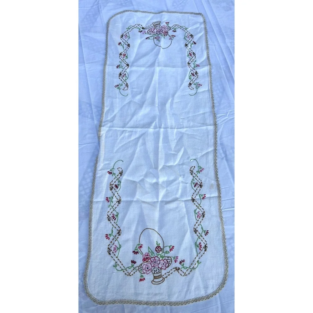 VTG Floral Hand Embroidered Table Runner Flower Basket Floral Pink 12.5
